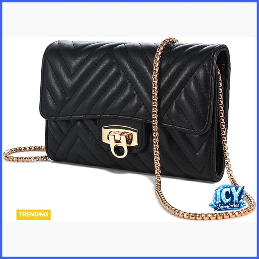 Faux Leather Crossbody Bag with Adjustable Chain Strap, Quilted Pattern